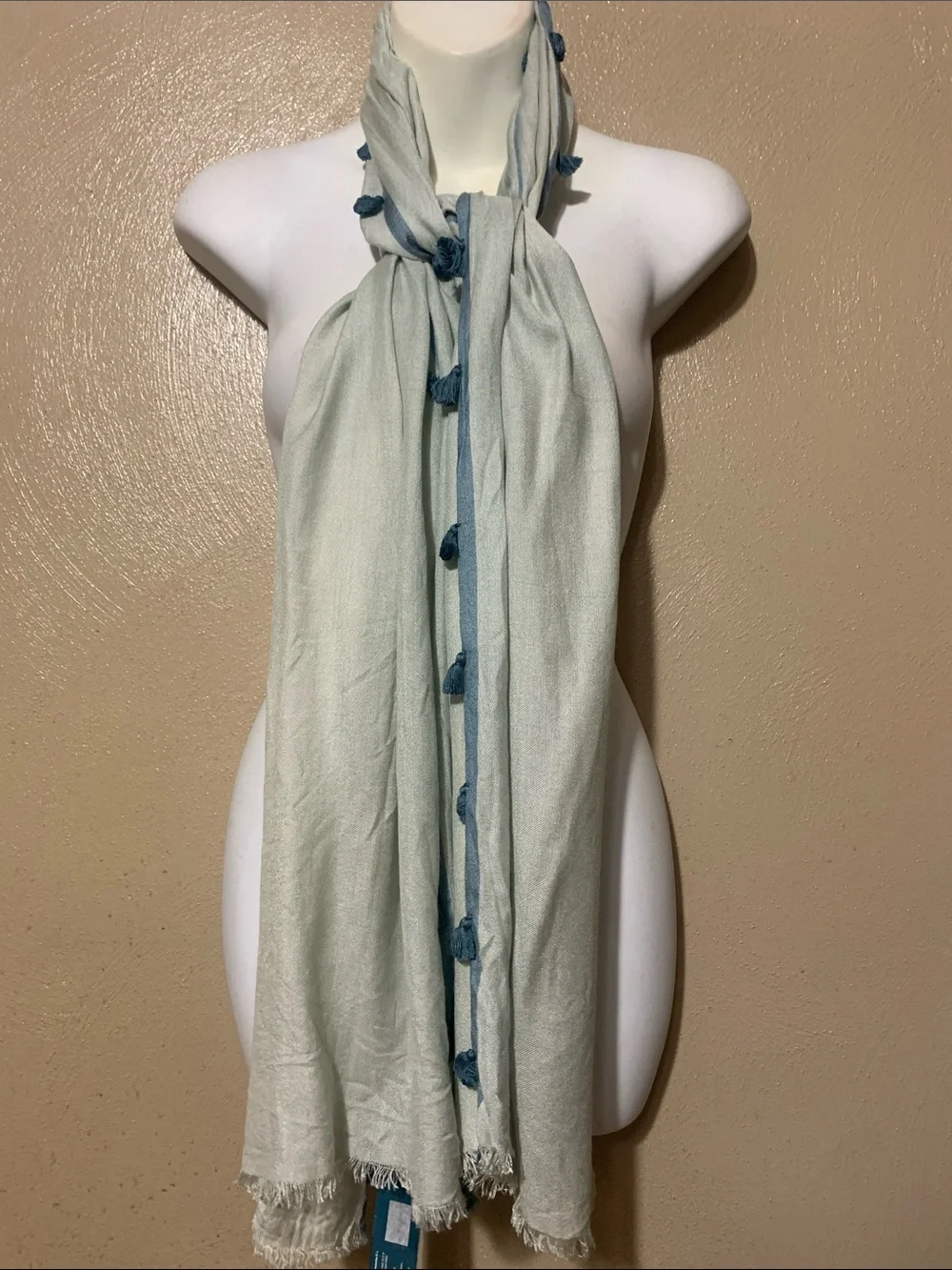 13. Vivante Pale Blue Scarf-Style Top with Teal Pom Trim 70x21 NWT